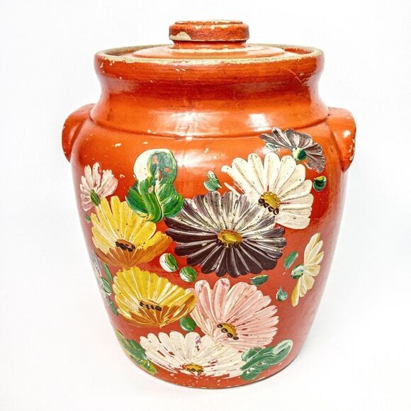 Antique Ransburg Red Asters Hand Painted Stoneware Lidded Cookie Jar/Crock - Picture 2 of 11